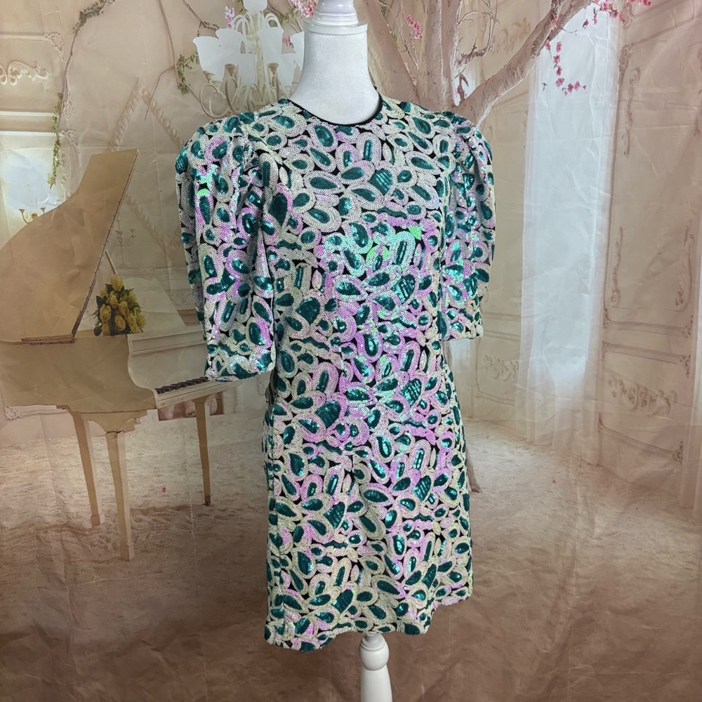 NEW ROTATE Christina Sequin Mini Dress in Orchid Ice Combo - Picture 5 of 13